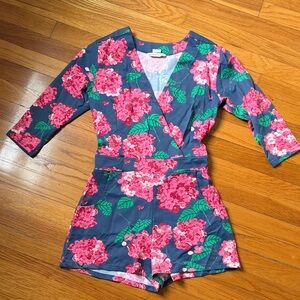MAHI GOLD Navy Romper with Bright Pink Floral Print